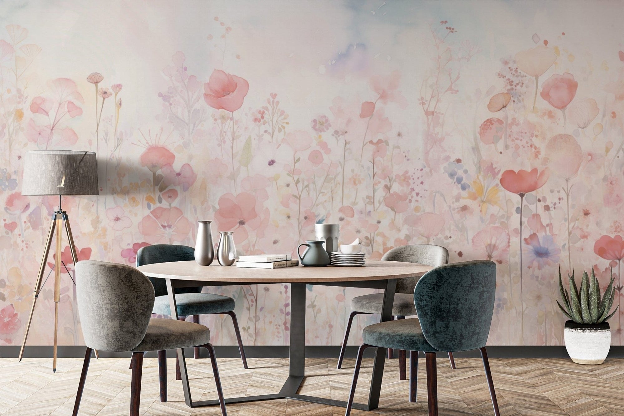 Watercolor happy flowers pastel color wallpaper for a soft, serene room., DTIL53