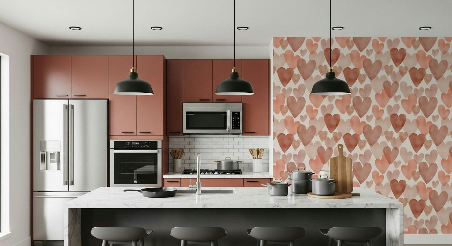 Sanguine Watercolour Hearts wallpaper for walls, fugacious design, tender art.