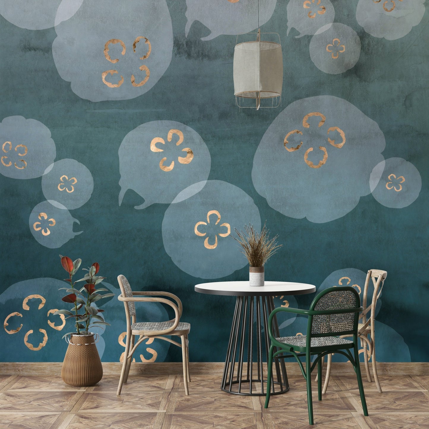 Watercolour jellyfish wall mural in petrol tones

