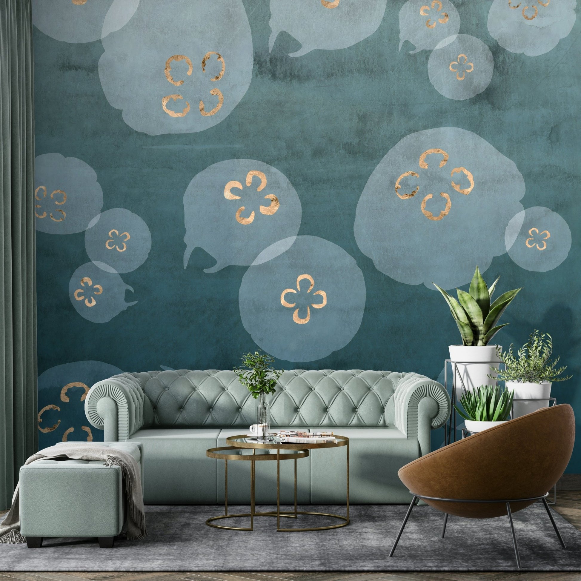 Watercolour jellyfish mural in serene petrol blue

