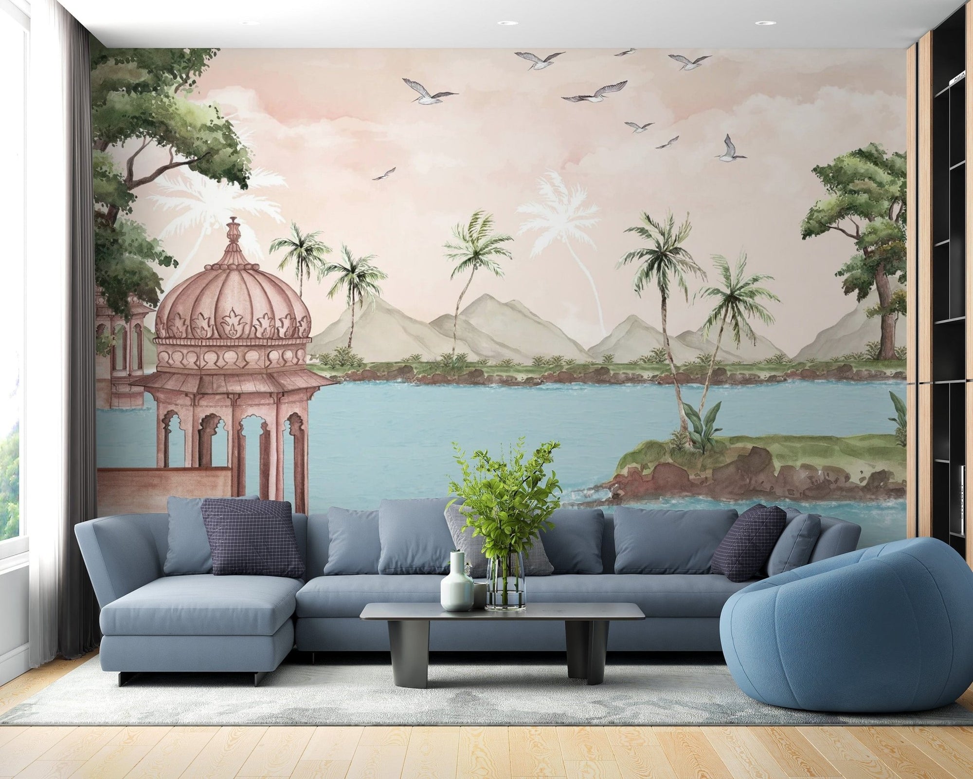 Watercolour Lakeside View Wall Mural for decor C556
