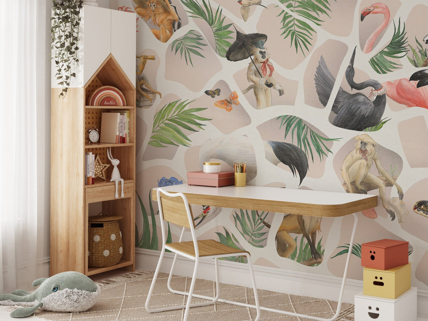 Light pink monkey birds mural
