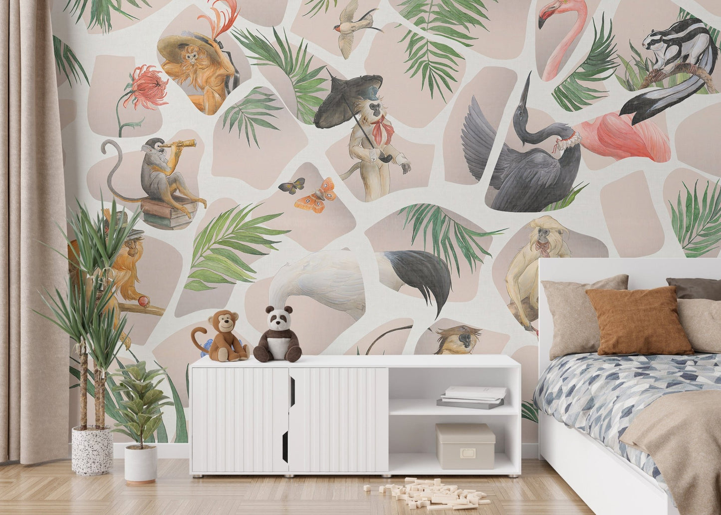 Watercolour light pink Monkey & Birds wallpaper mural