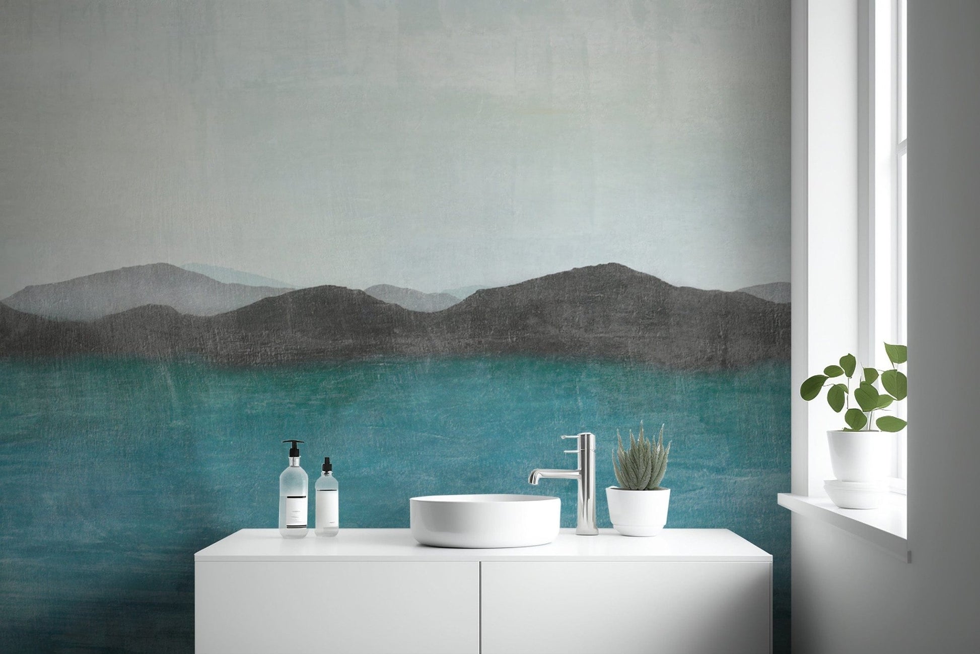 Tranquil mountain landscape wall design
