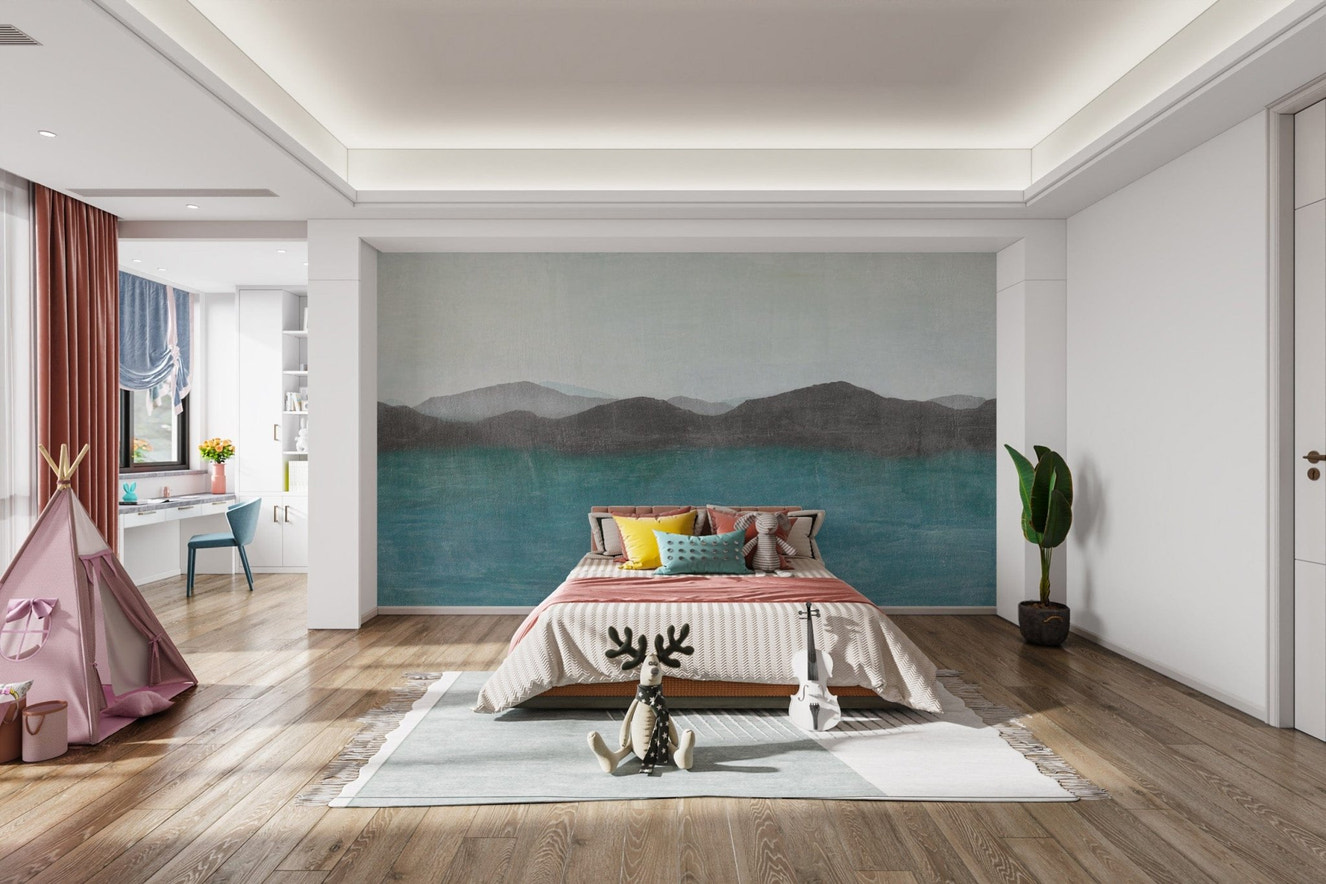 Blue watercolor mountain landscape wallpaper
