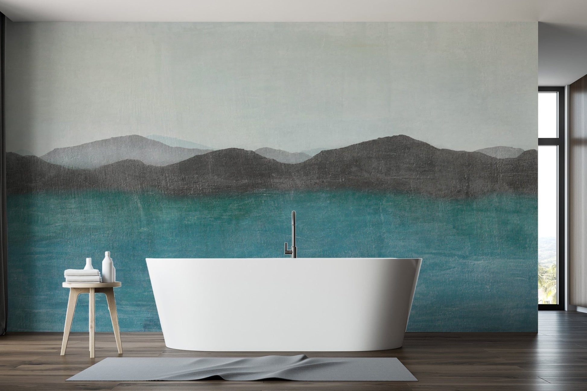Watercolor blue mountain wall covering
