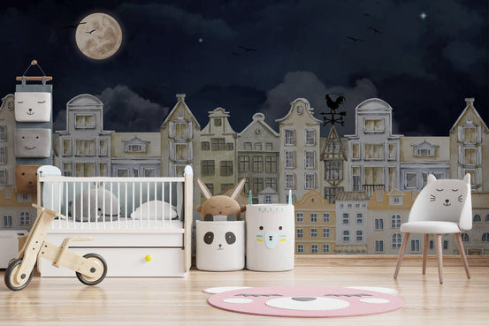 Watercolor Night House Wallpaper for kids' rooms C354