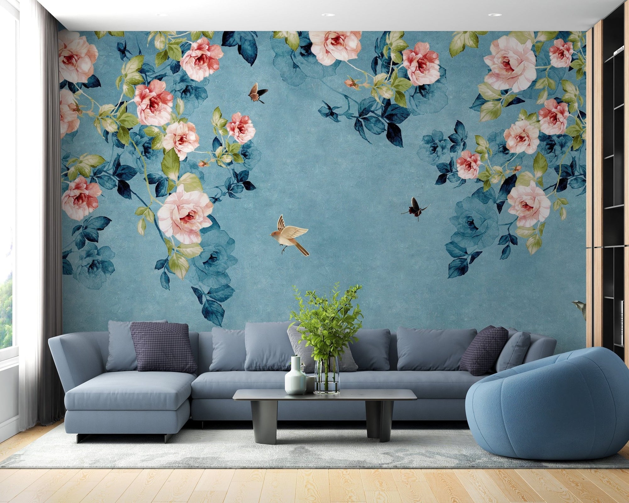Watercolor Pink Roses on Blue-Green Wallpaper A188