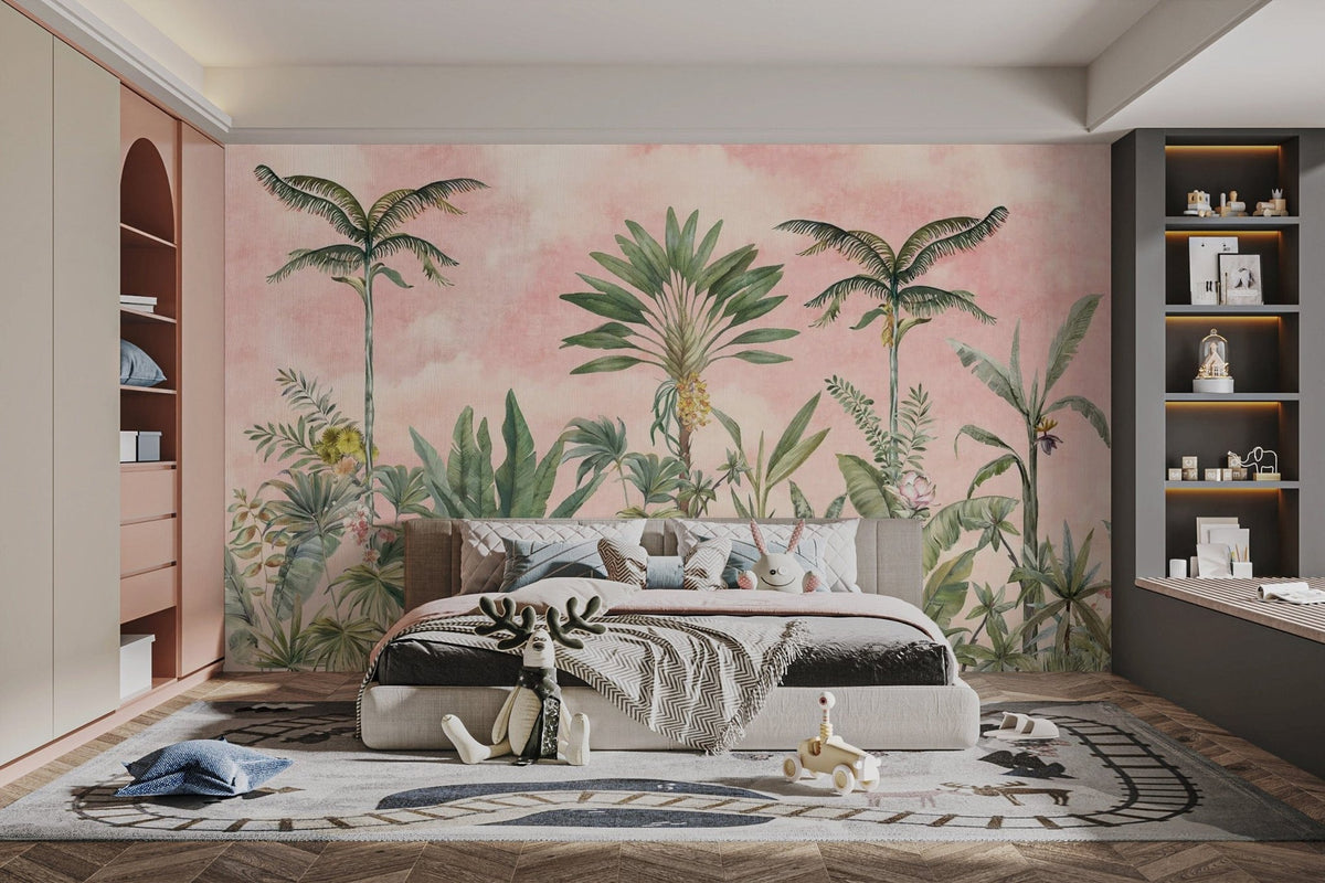 Elegant pink tropical Chinoiserie mural C534
