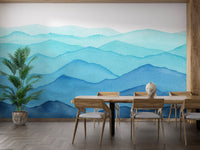 Blue Watercolor Waves Mountains Wallpaper Murals - Giffywalls
