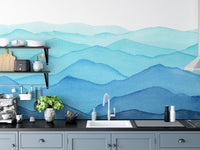 Blue Watercolor Waves Mountains Wallpaper Murals - Giffywalls