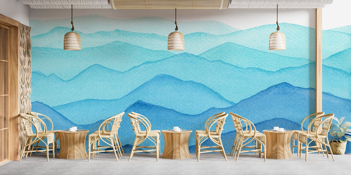 blue watercolor waves mountains wallpaper mural