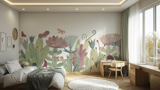 Serene watercolor wildflower wall mural for living room walls. C244