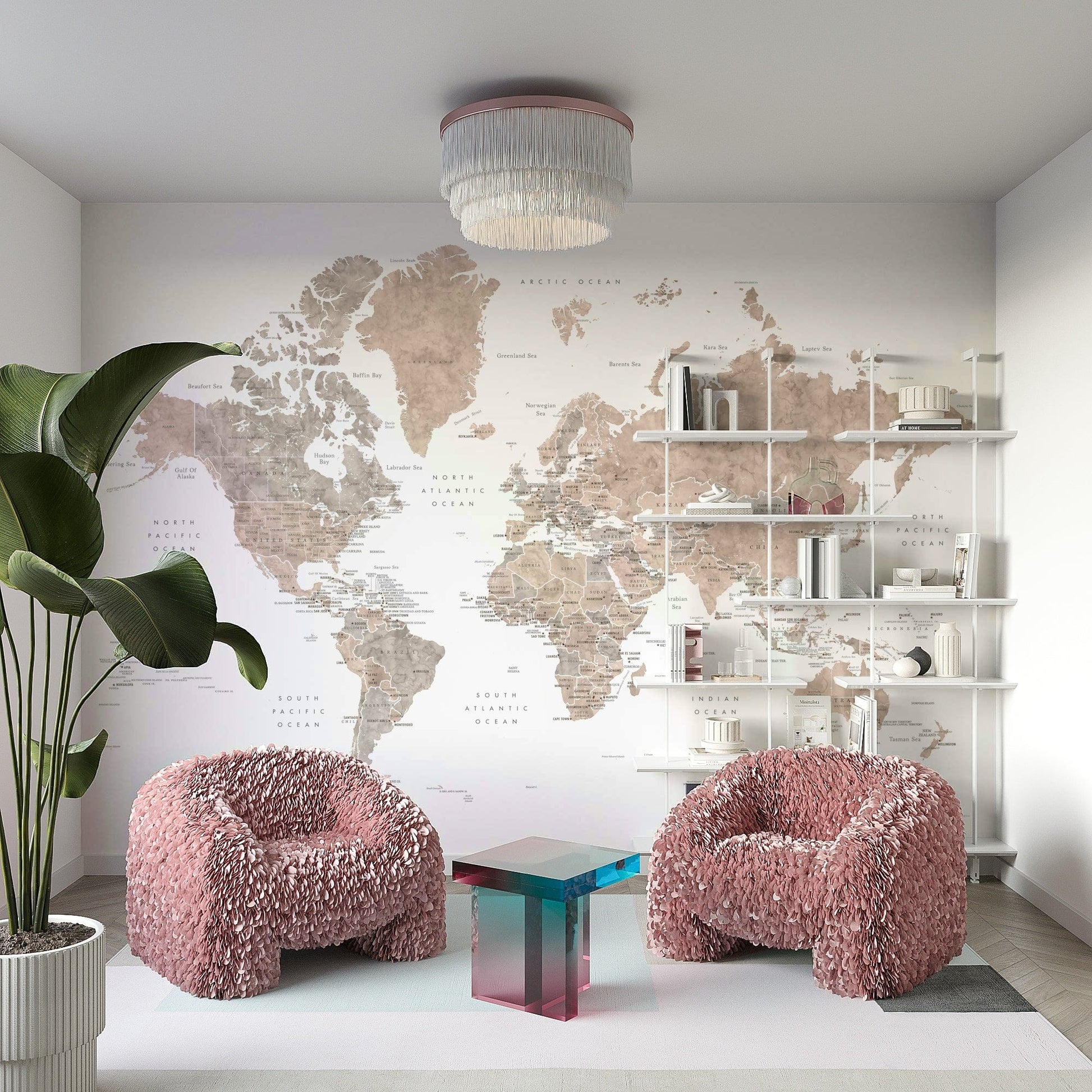 Watercolor map showing countries and capitals

