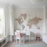 Detailed watercolor world map mural Abey

