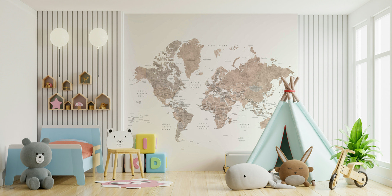 Abey watercolor world map wall mural design

