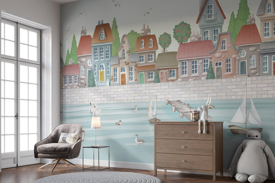 Waterfront City Wallpaper for serene kids' rooms C357
