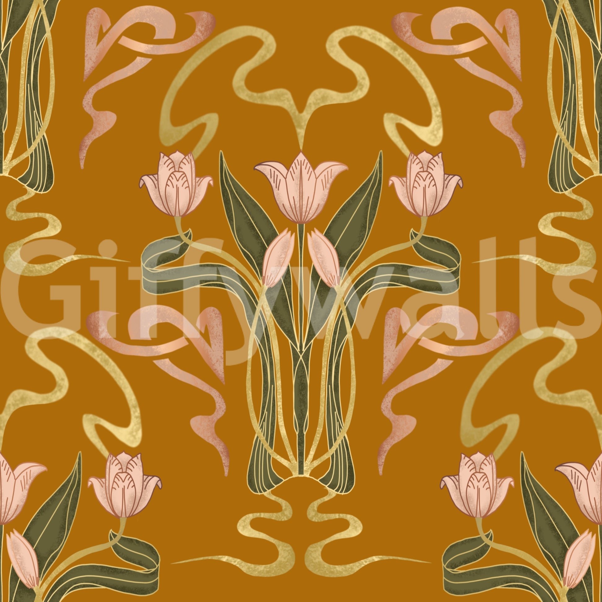 Tulip bloom wallpaper in golden ochre hues

