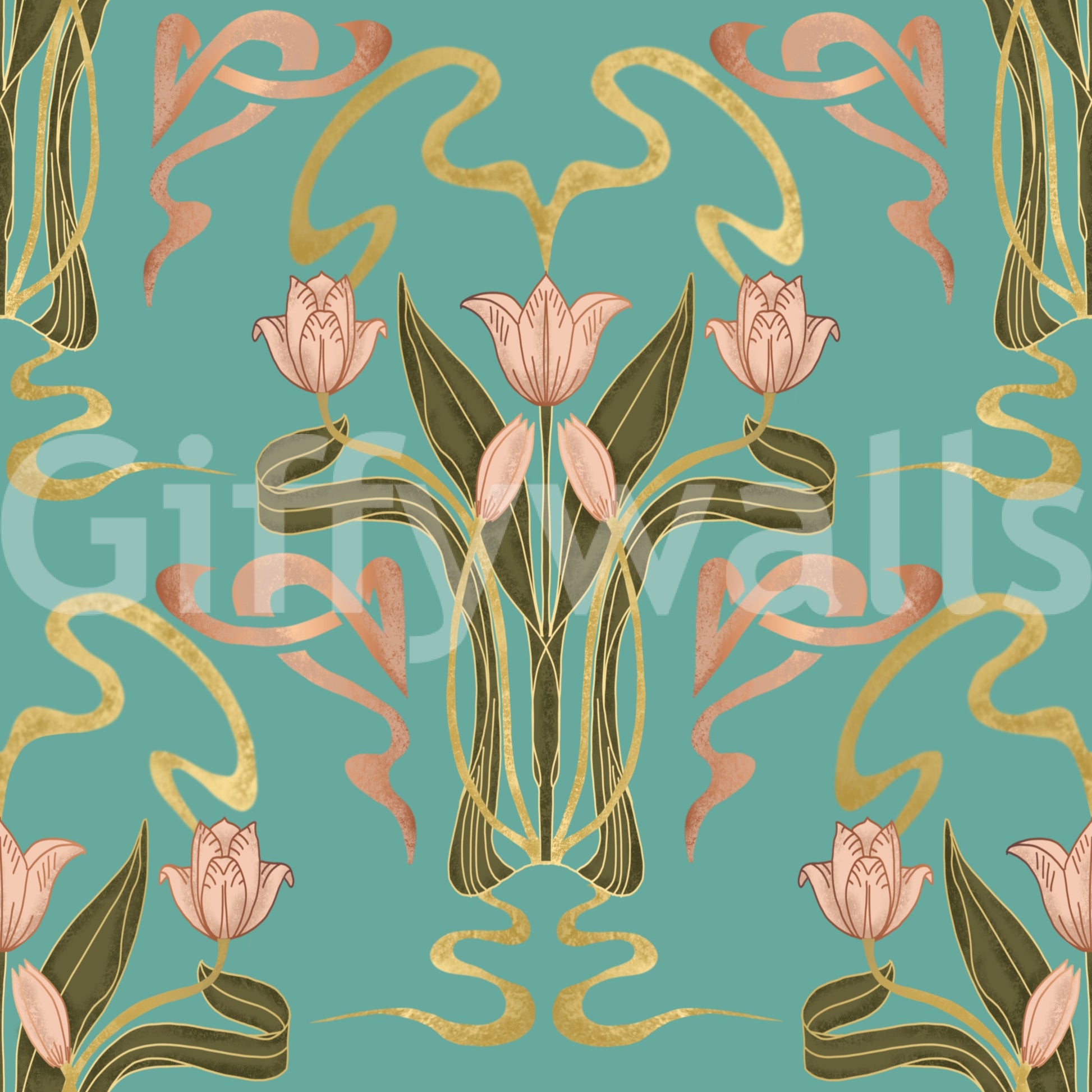 Floral art deco wallpaper serene aqua tones

