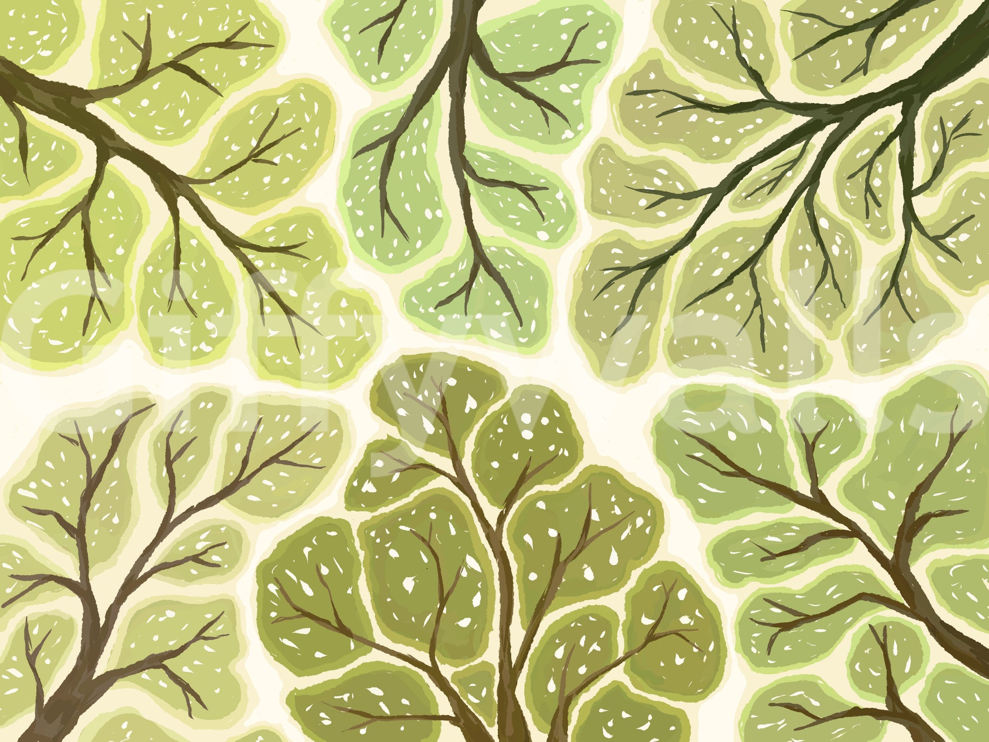 Crown shyness mural in forest setting

