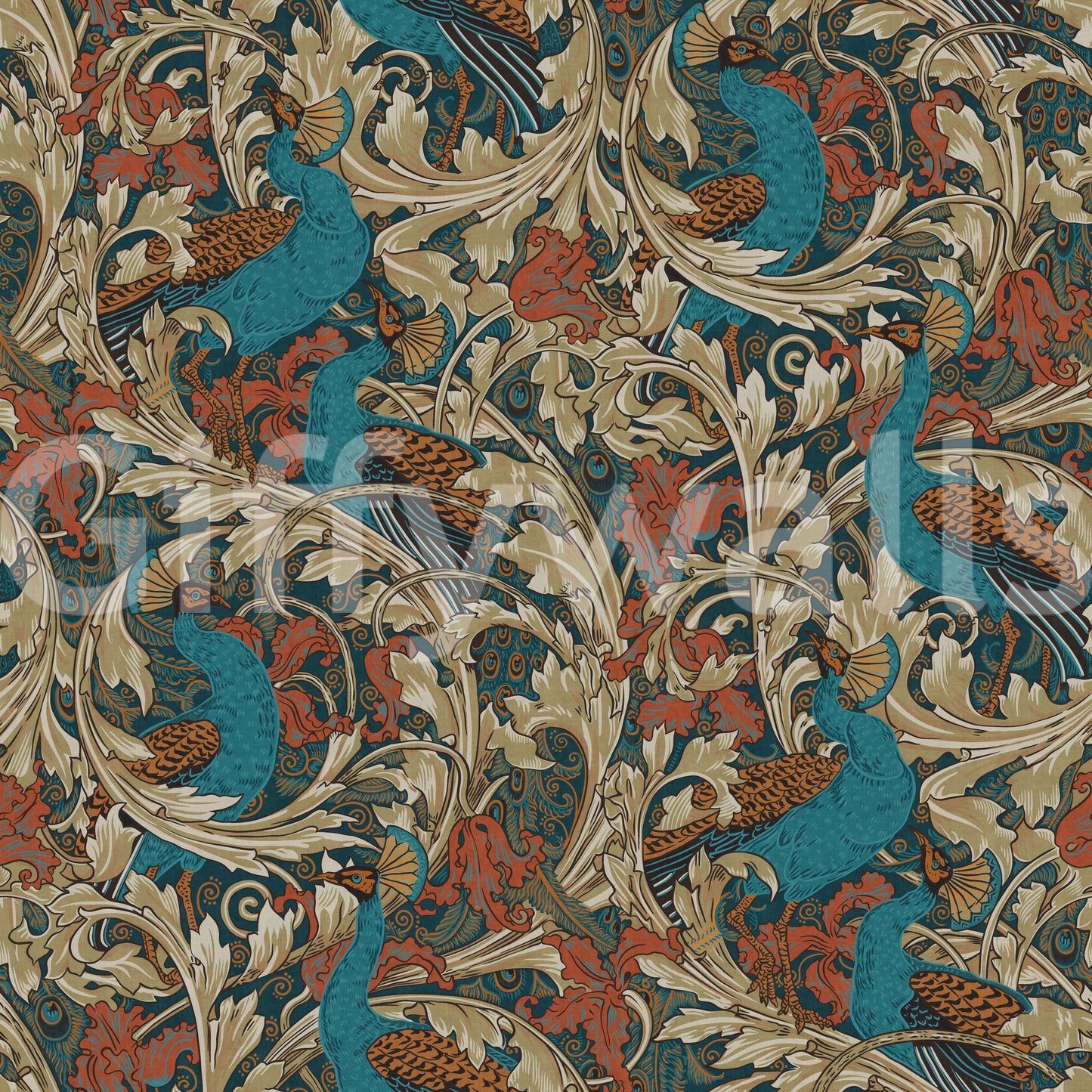 Peacock Garden by Walter Crane in teal rust mustard beige Wallpaper⁠
