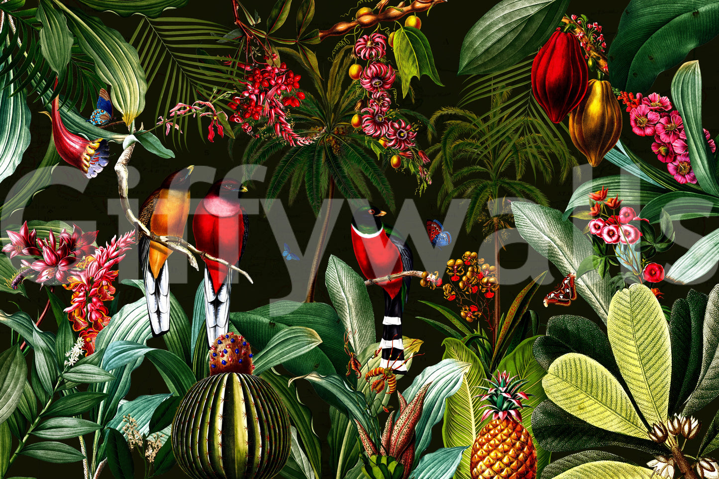 Tropical vintage wall mural with vibrant night scene.

