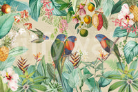 Vibrant tropical mural with a vintage exploration theme.

