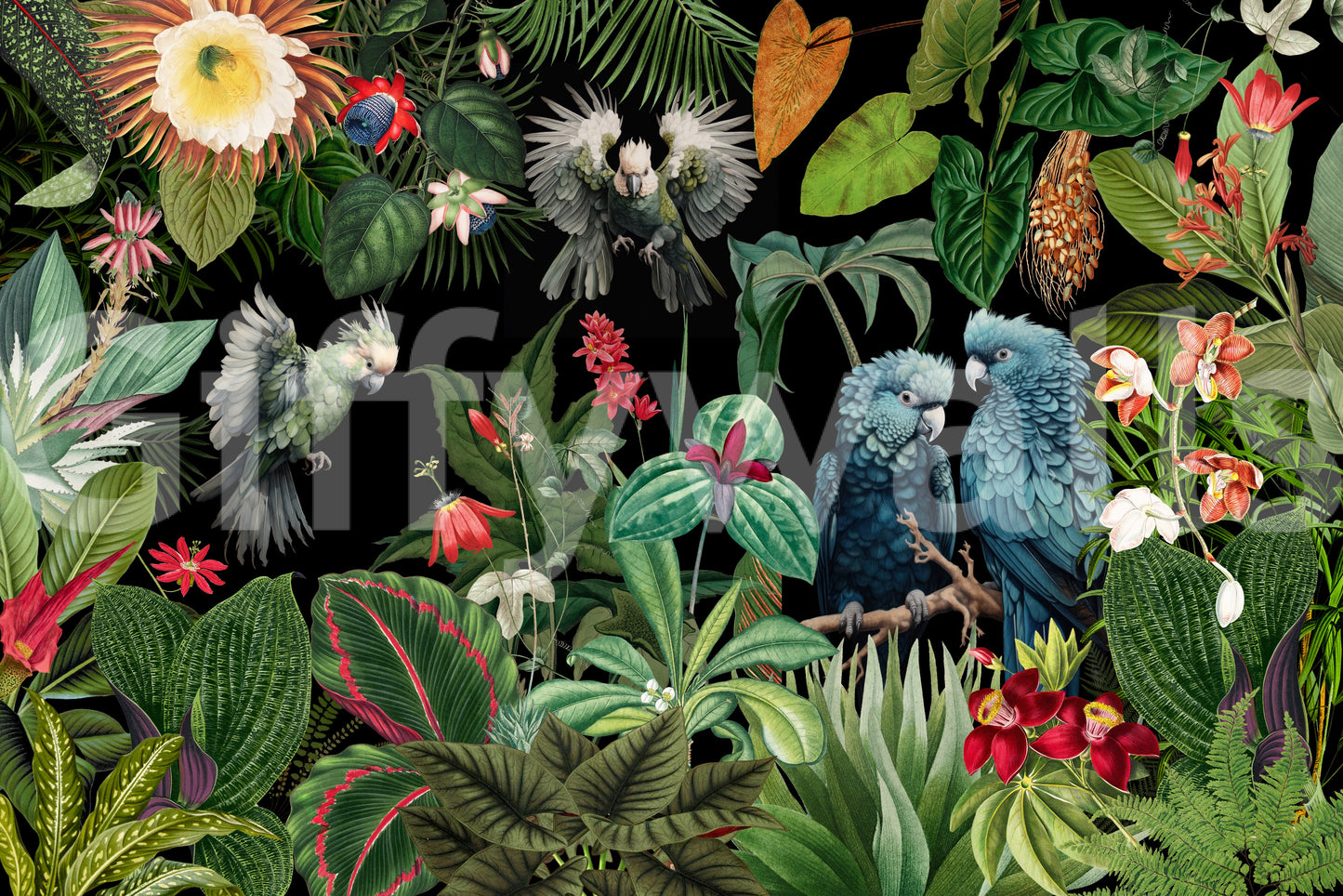 Vintage-inspired tropical paradise mural for walls.

