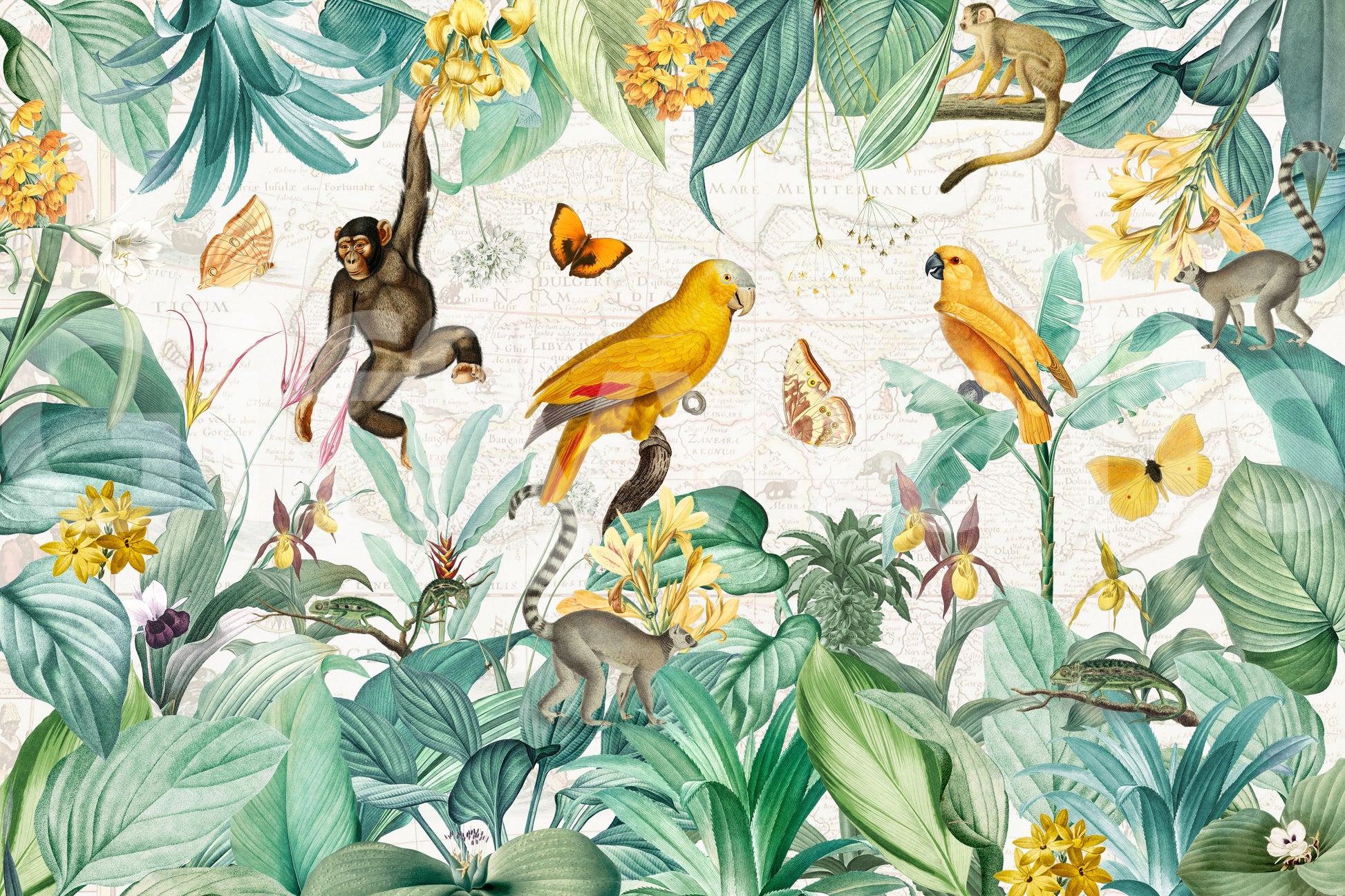 Classic jungle wall mural with wildlife and foliage.

