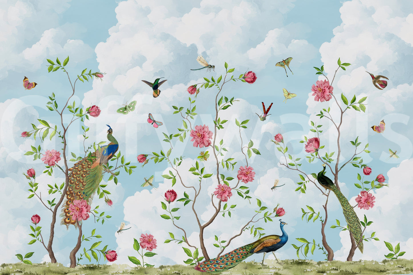 Elegant wall mural with flowers and greenery

