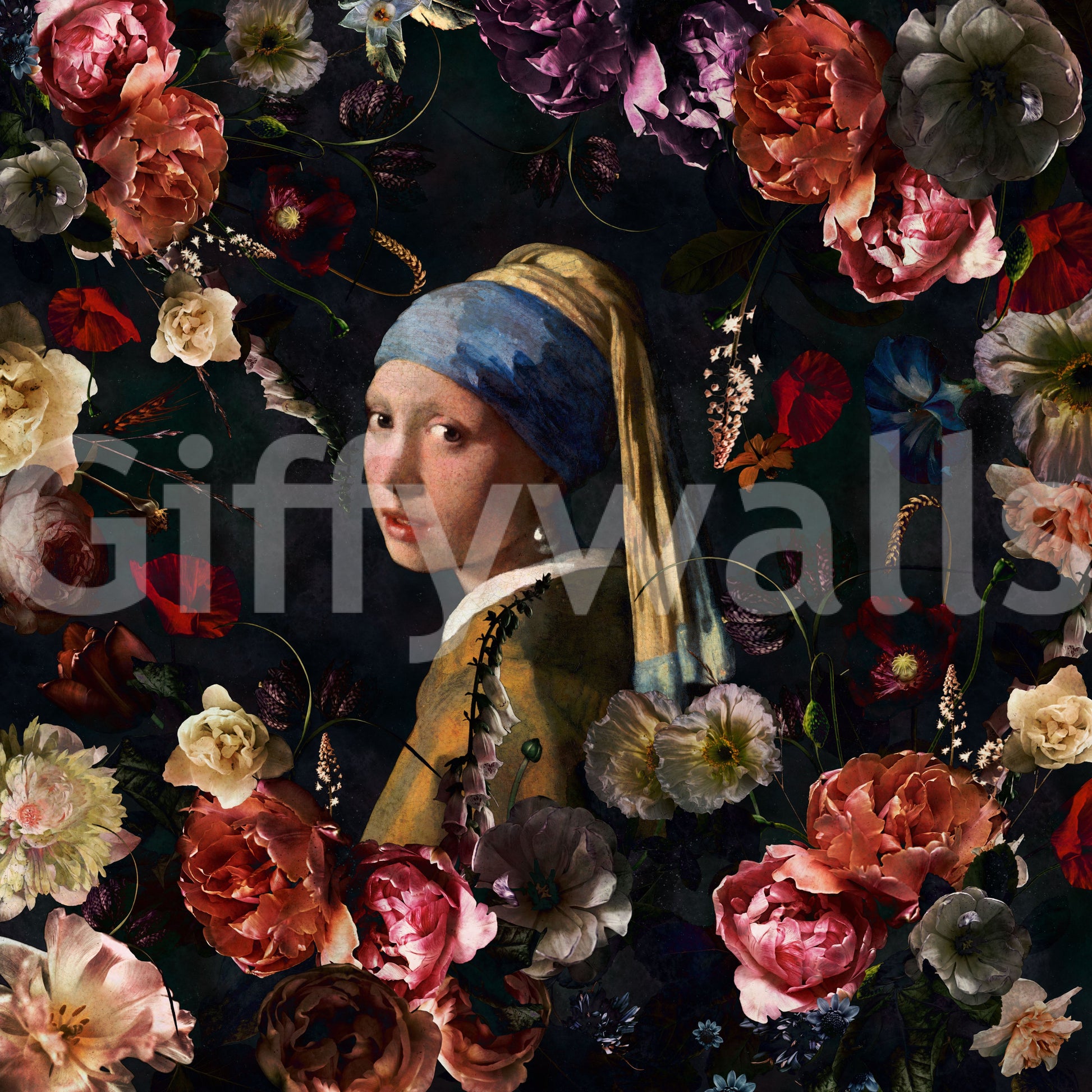 Decorative portrait mural with renaissance flowers

