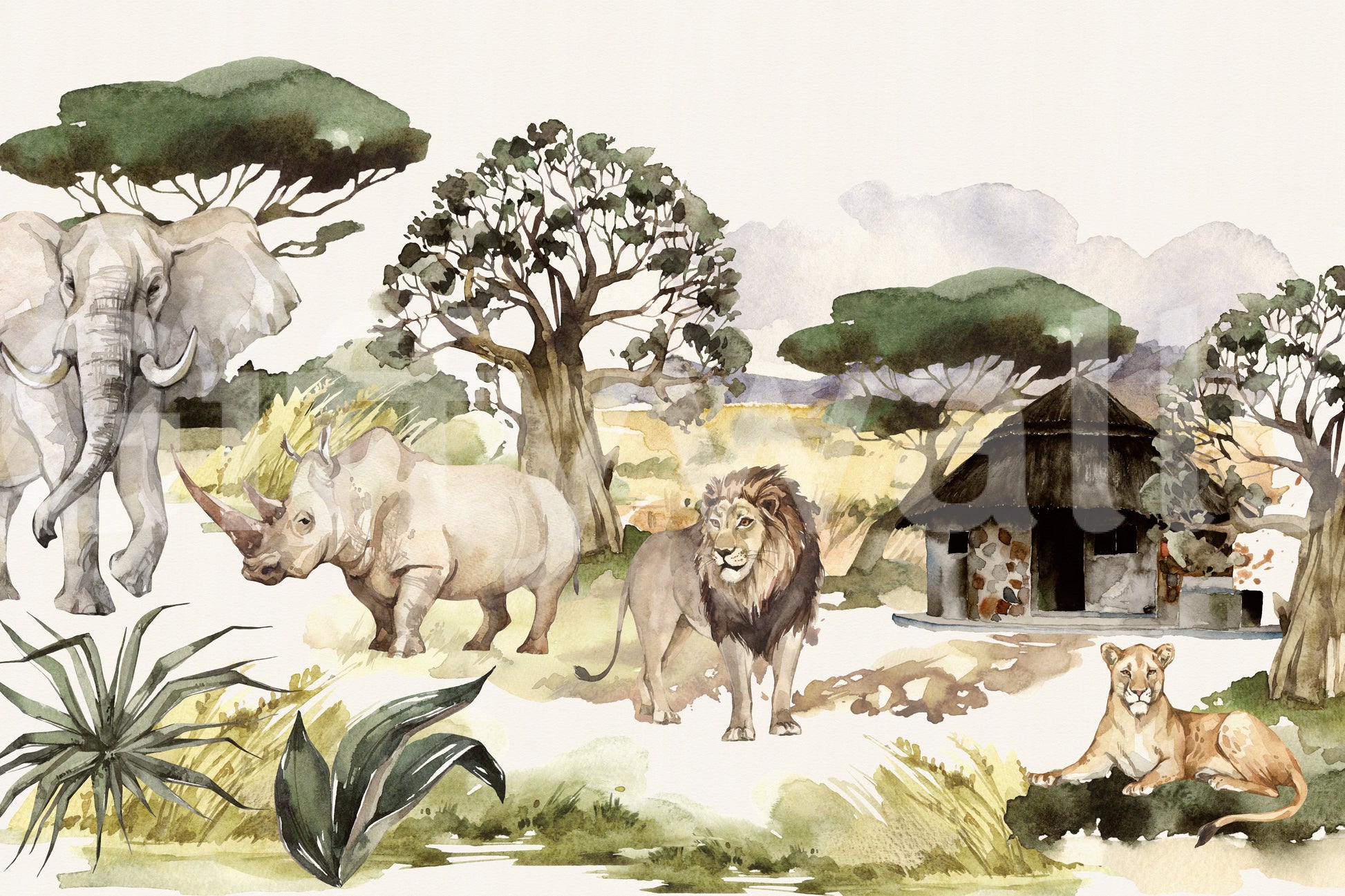 Watercolor African safari scene with wild animals

