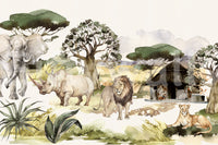 Watercolor African safari scene with wild animals

