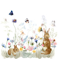 Lush garden with rabbits mural, ideal for children's room.


