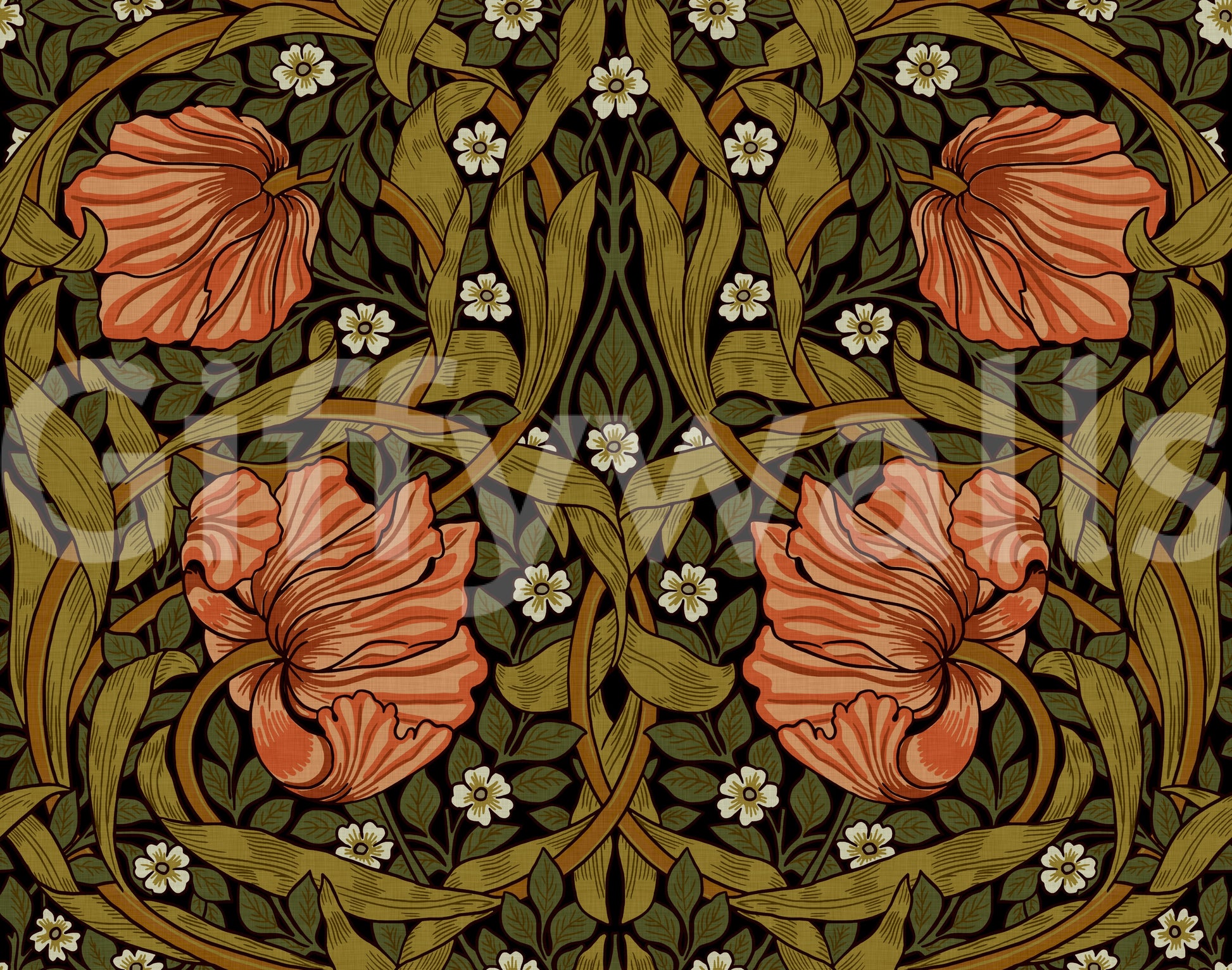 Antique-style Pimpernel by William Morris wallpaper for your home.

