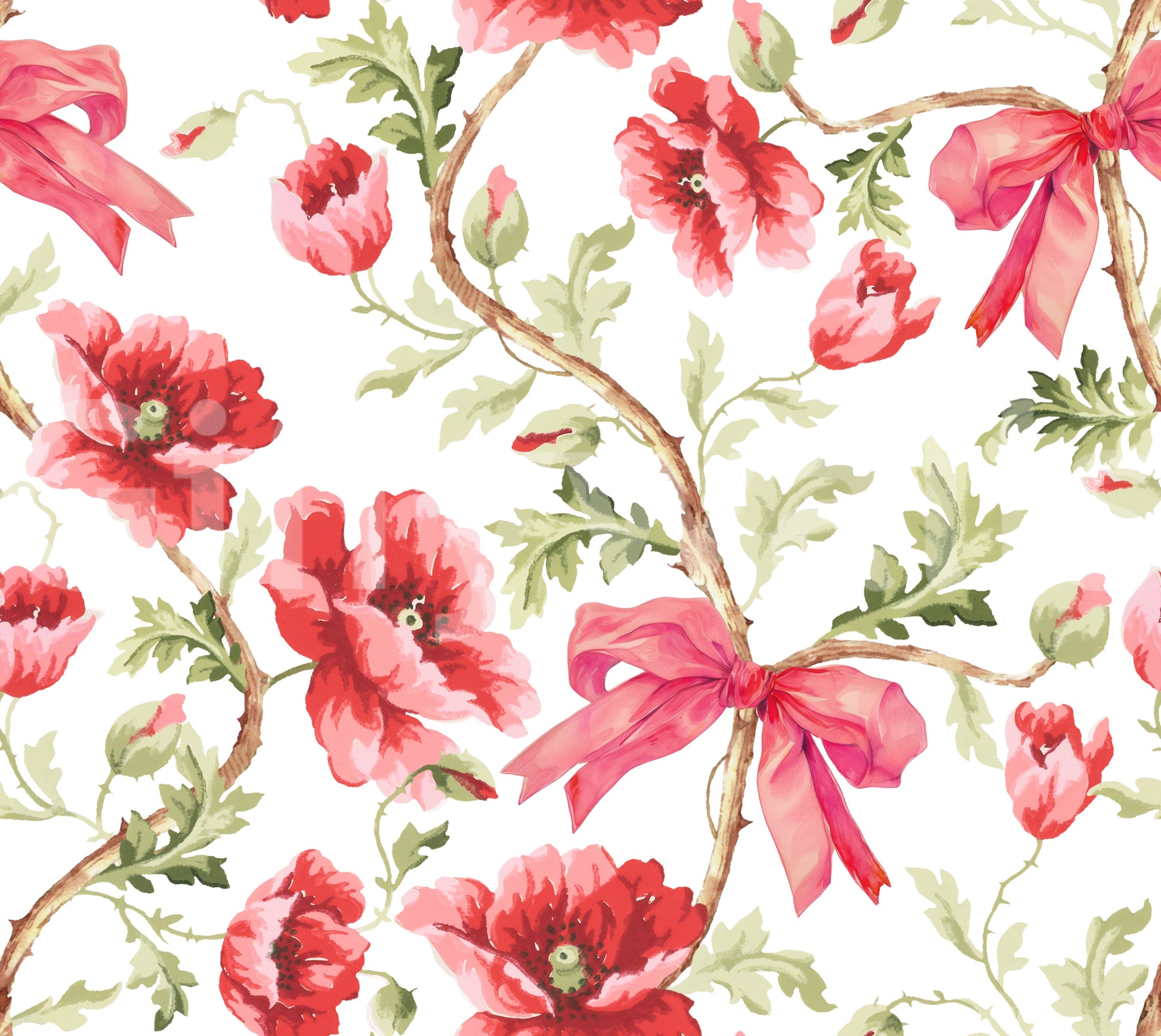 Stylish Preppy Floral Wallpaper with Poppy and Bow Detail

