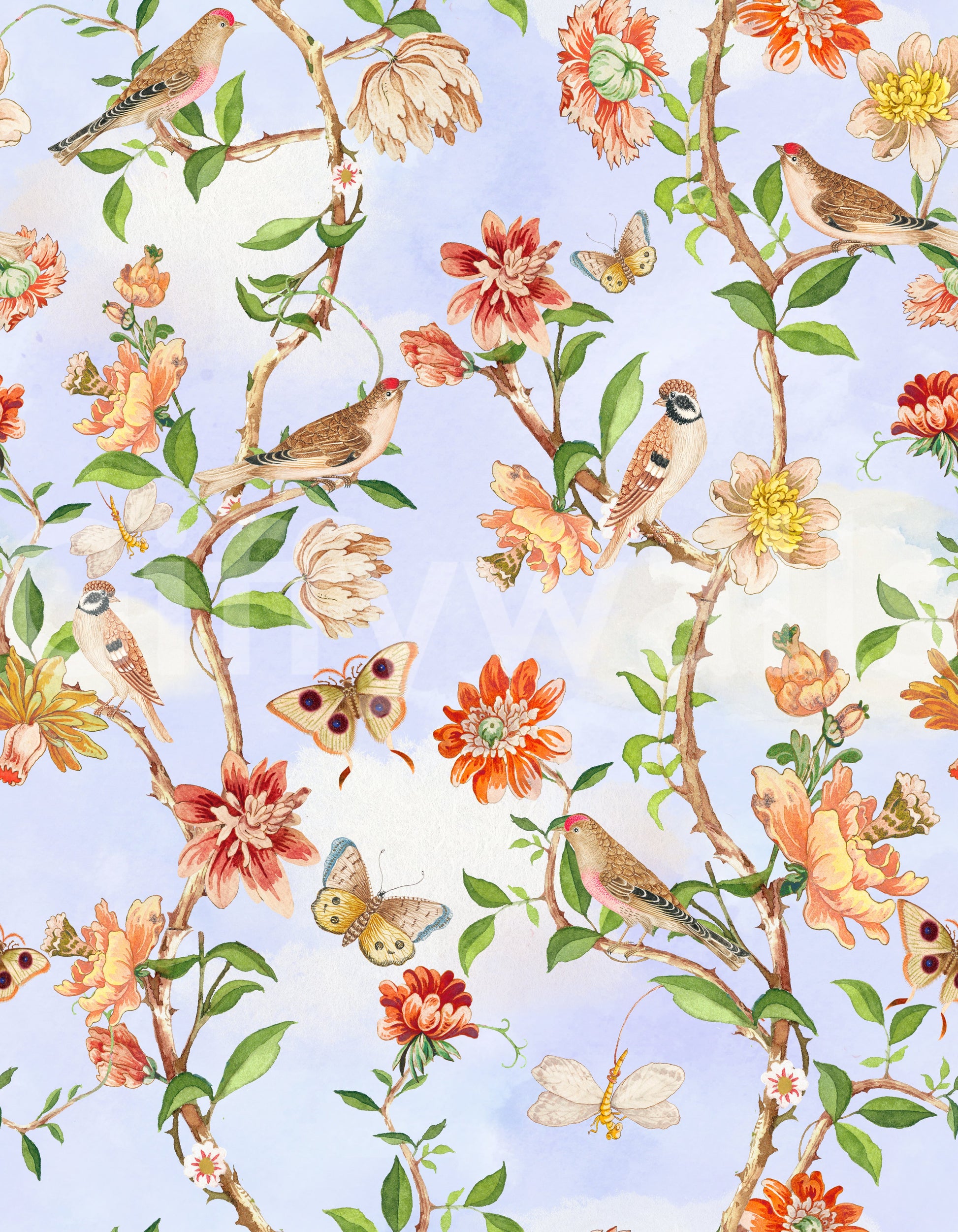 Lush garden wall art with birds in flight

