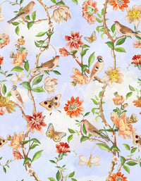Lush garden wall art with birds in flight

