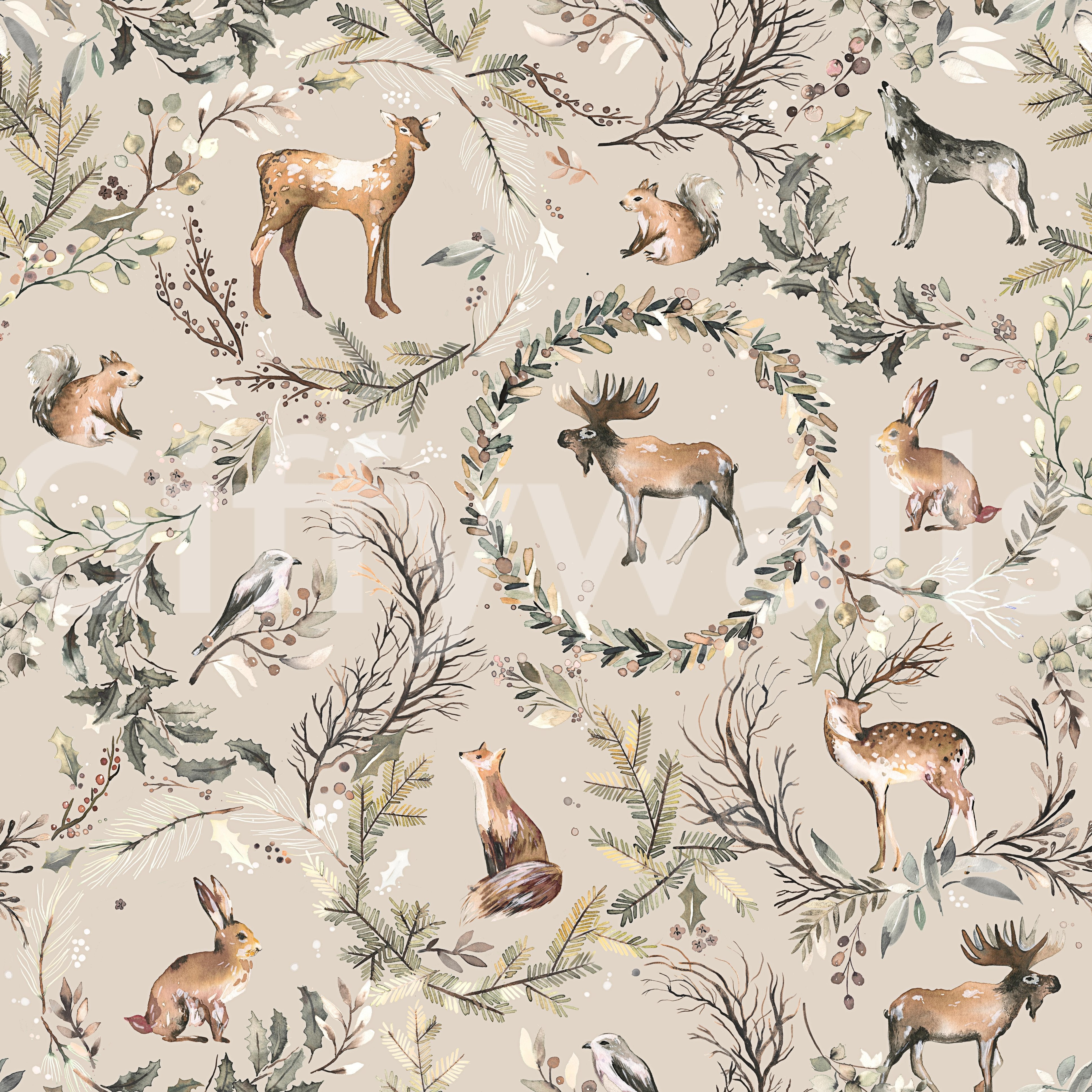 Squirrels, foxes, and deer creating a woodland ambiance.

