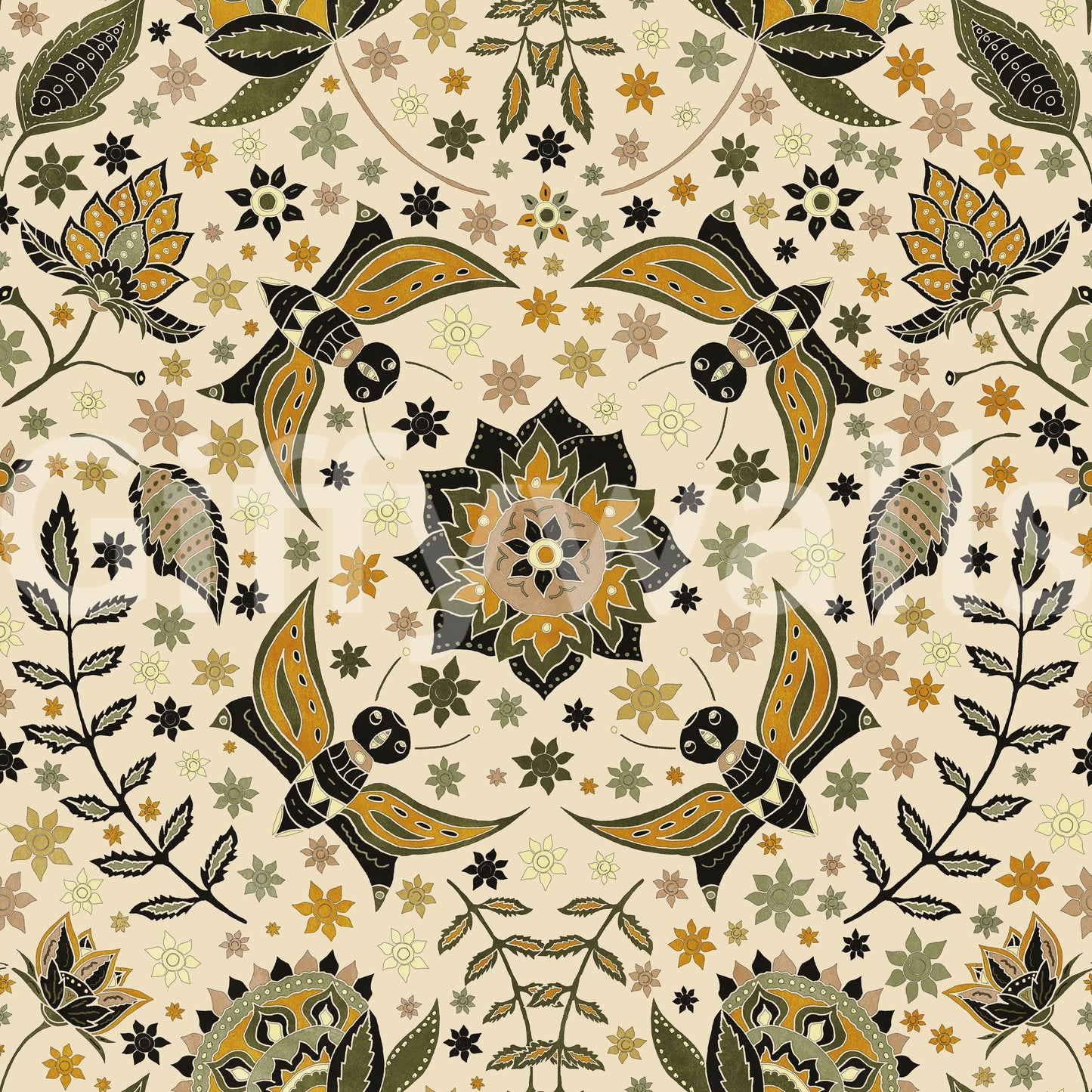 Elegant mural wallpaper of golden-winged moths in a twilight garden.

