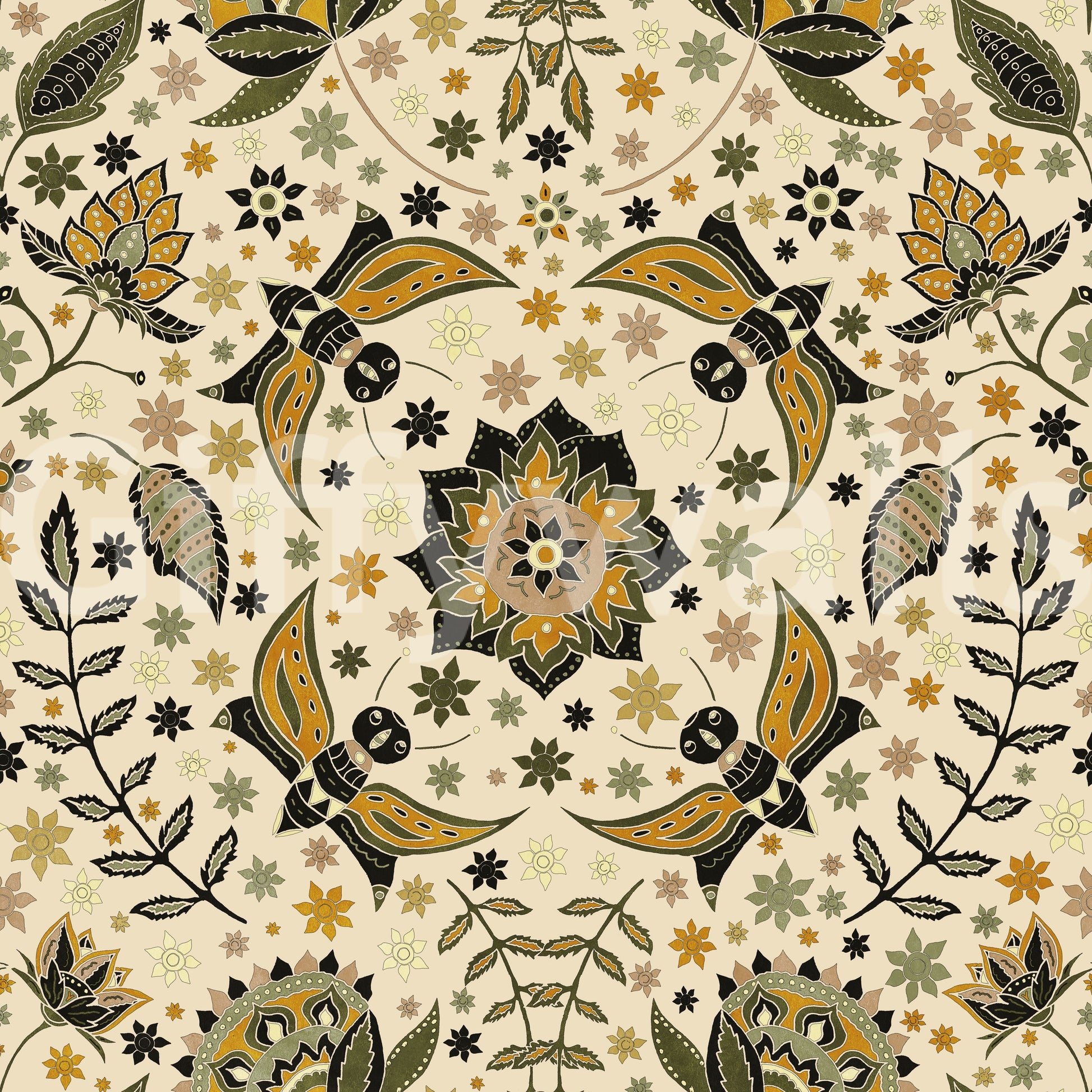 Elegant mural wallpaper of golden-winged moths in a twilight garden.

