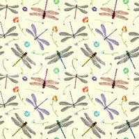 Artistic mural wallpaper with dragonflies, damselflies, and foliage.

