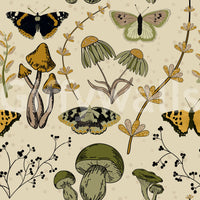 Living room wallpaper showing seasonal wild plants in fall tones.

