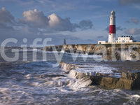 Bold Portland Bill lighthouse mural for nautical interior designs.

