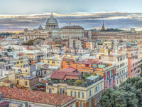 Detailed mural of Vatican City skyline at sunset.

