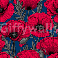 Dark blue wall adorned with red poppy wallpaper

