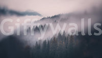 Oversized wall mural showing misty trees and layered fog


