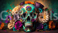 Nature and mortality blended in floral skull wall mural

