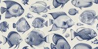 Bold fish design wallpaper in Delft Blue for modern walls


