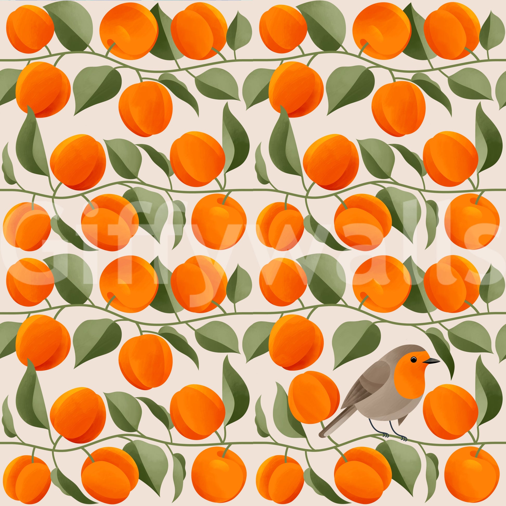 Repeating mural of apricots and robin bird

